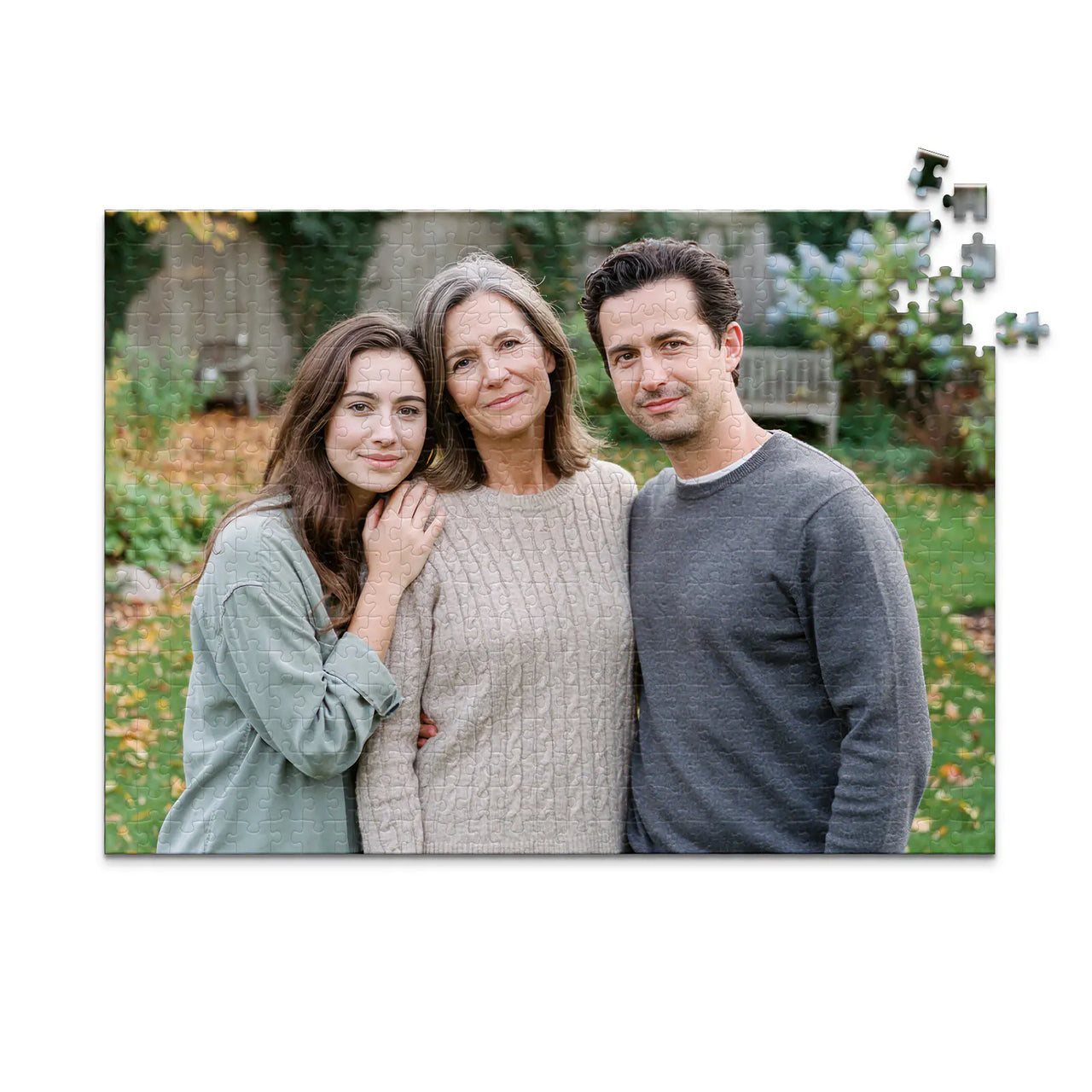 500 piece personalized Mom puzzle featuring a mother with her adult daughter and son outdoors.