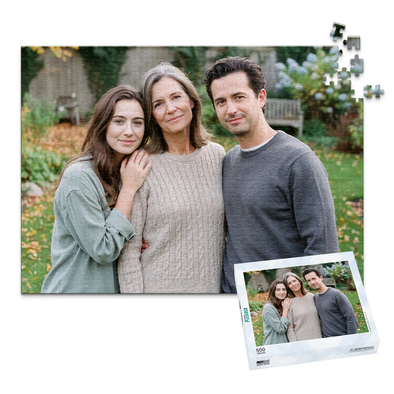 500 piece personalized Mom puzzle featuring a mother with her adult daughter and son outdoors, shown with its matching puzzle box