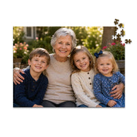 500 piece personalized puzzle for grandparents showing a smiling grandmother with her three grandchildren.
