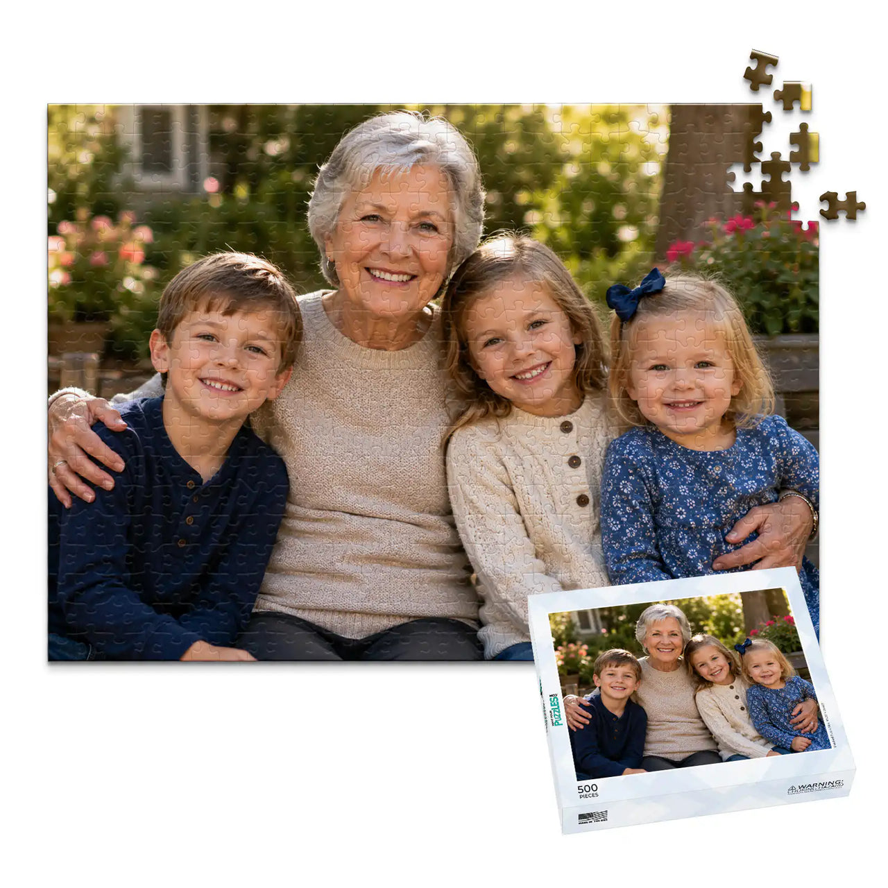 500 piece personalized puzzle for grandparents showing a smiling grandmother with her three grandchildren, displayed with the matching puzzle box.