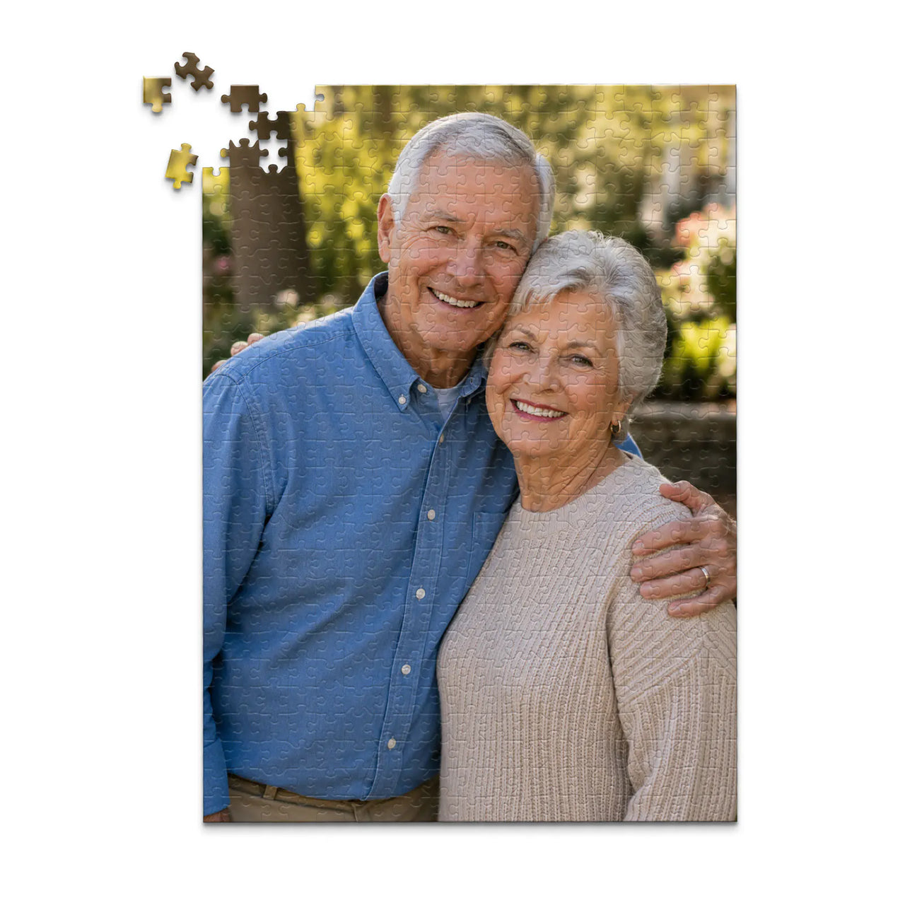 500 piece personalized puzzle for grandparents showing a smiling elderly couple together.