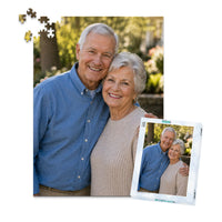 500 piece personalized puzzle for grandparents showing a smiling elderly couple together, displayed with the matching puzzle box.