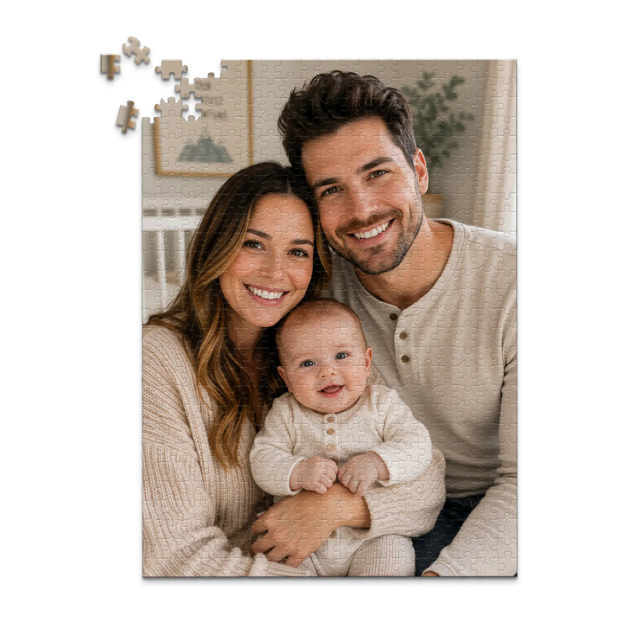 500 piece personalized puzzle for new parents showing a smiling mother and father with their baby.