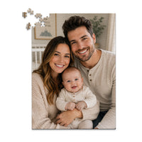 500 piece personalized puzzle for new parents showing a smiling mother and father with their baby.