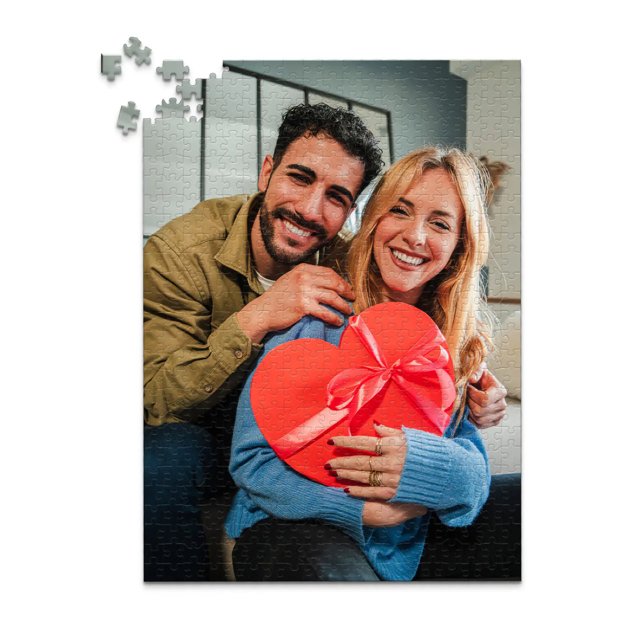 500 piece personalized Valentine puzzle featuring a smiling couple with a heart-shaped gift.
