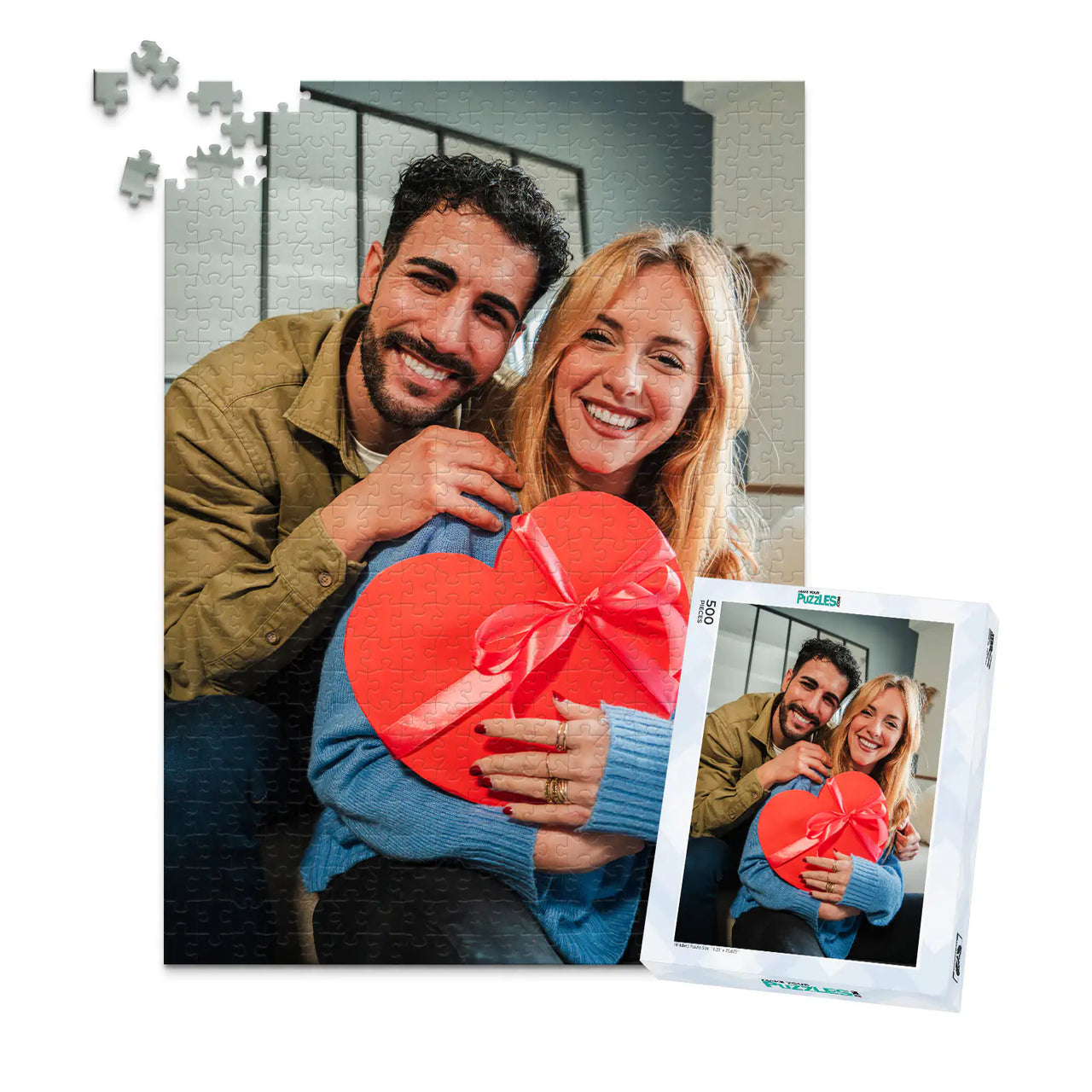 500 piece personalized Valentine puzzle featuring a smiling couple with a heart-shaped gift, shown with its matching puzzle box