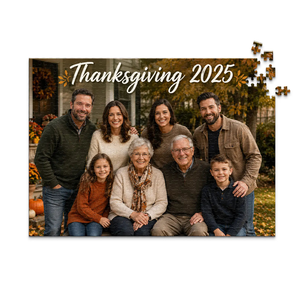 500 piece Thanksgiving photo puzzle featuring a multigenerational family portrait with custom Thanksgiving text.