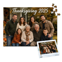 500 piece Thanksgiving photo puzzle featuring a multigenerational family portrait with custom Thanksgiving text, shown with its matching puzzle box