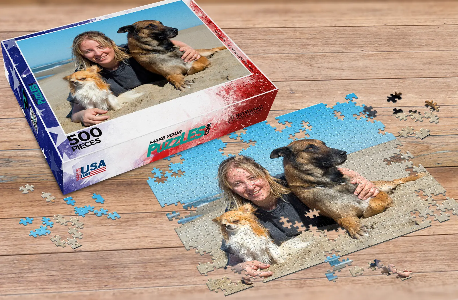Make your pet photo puzzle - girl with her dog on the beach custom puzzle with customized puzzle box 