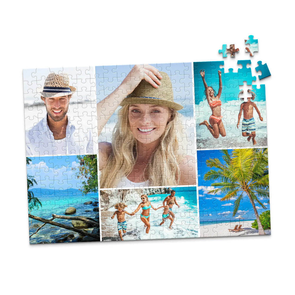 Photo collage puzzle featuring multiple photos of a couple sharing special moments
