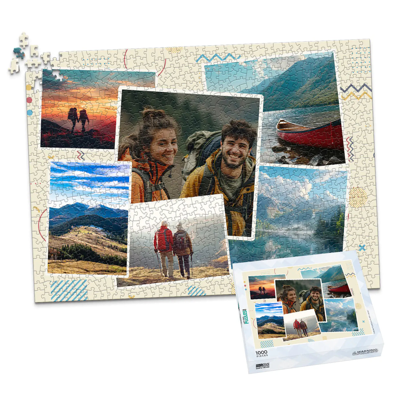 6 Collage Scattered Retro Photo Puzzle - 1000 piece and box