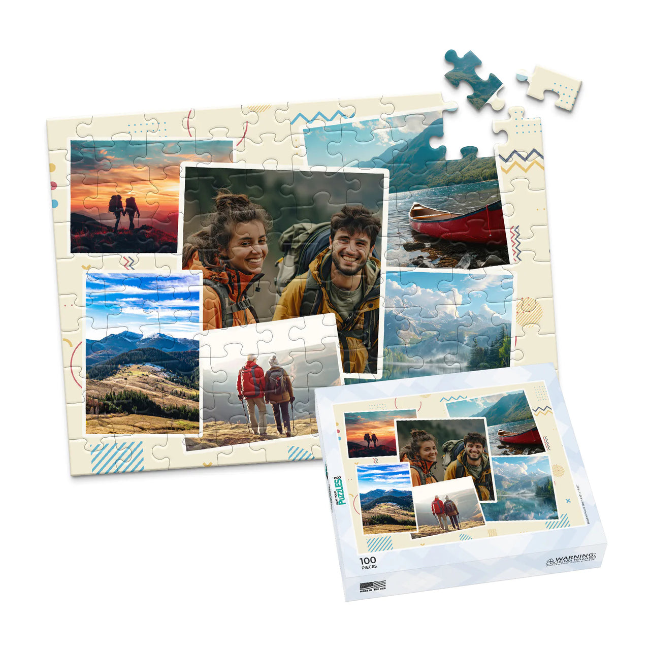 6 Collage Scattered Retro Photo Puzzle - 100 piece and box
