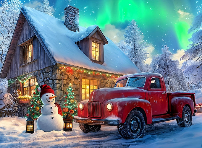 Northern Lights Red Truck and Snowman Puzzle | MakeYourPuzzles