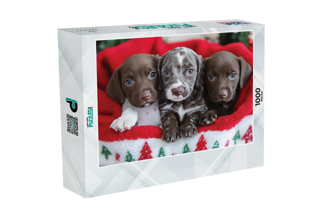 Christmas Cuddle Trio German Shorthaired Pointer Puppies Puzzle 1000 pieces puzzle box | MakeYourPuzzles