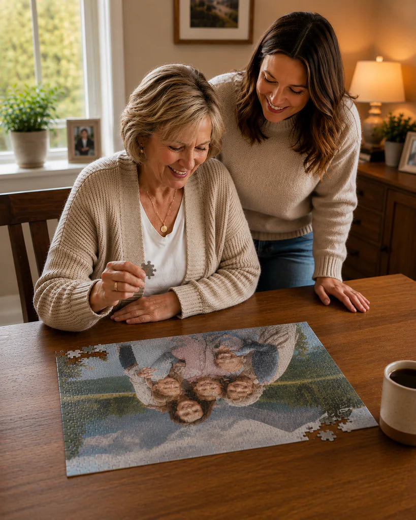 Custom photo puzzle being given as a gift to a puzzle lover