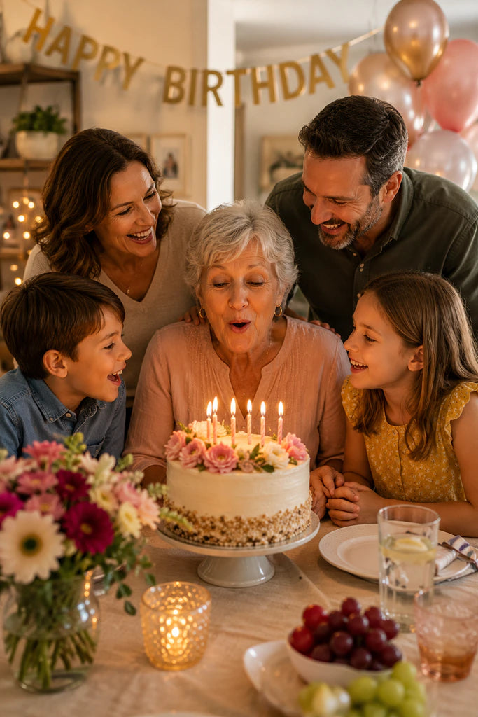 Three generations celebrating a milestone birthday around a birthday cake, creating a meaningful birthday photo puzzle keepsake.