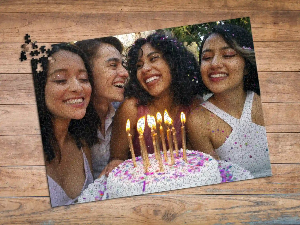 Birthday Photo Puzzle group cake with candles