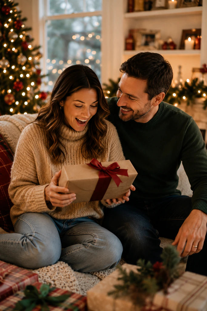 Couple opening a holiday gift while shopping Black Friday and Cyber Monday puzzle deals