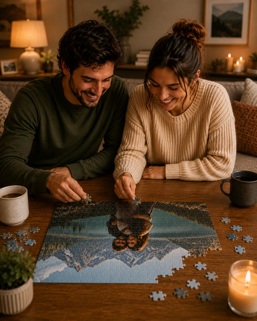 Couple assembling a custom photo puzzle together during a cozy date night at home