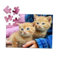 48 Piece Pet Photo Puzzle featuring two orange tabby kittens with blue eyes being held by a person wearing a blue denim jacket, shown against a plain white background.