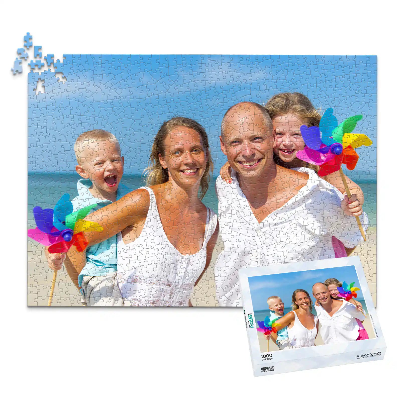 Custom Travel Photo Puzzle 1000 piece with matching puzzle box showing a family with two young kids on a beach with blue sky