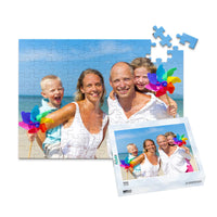 Custom Travel Photo Puzzle 100 piece with matching puzzle box  showing a family with two young kids on a beach with blue sky