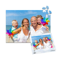 Custom Travel Photo Puzzle 252 piece with puzzle box  showing a family with two young kids on a beach with blue sky
