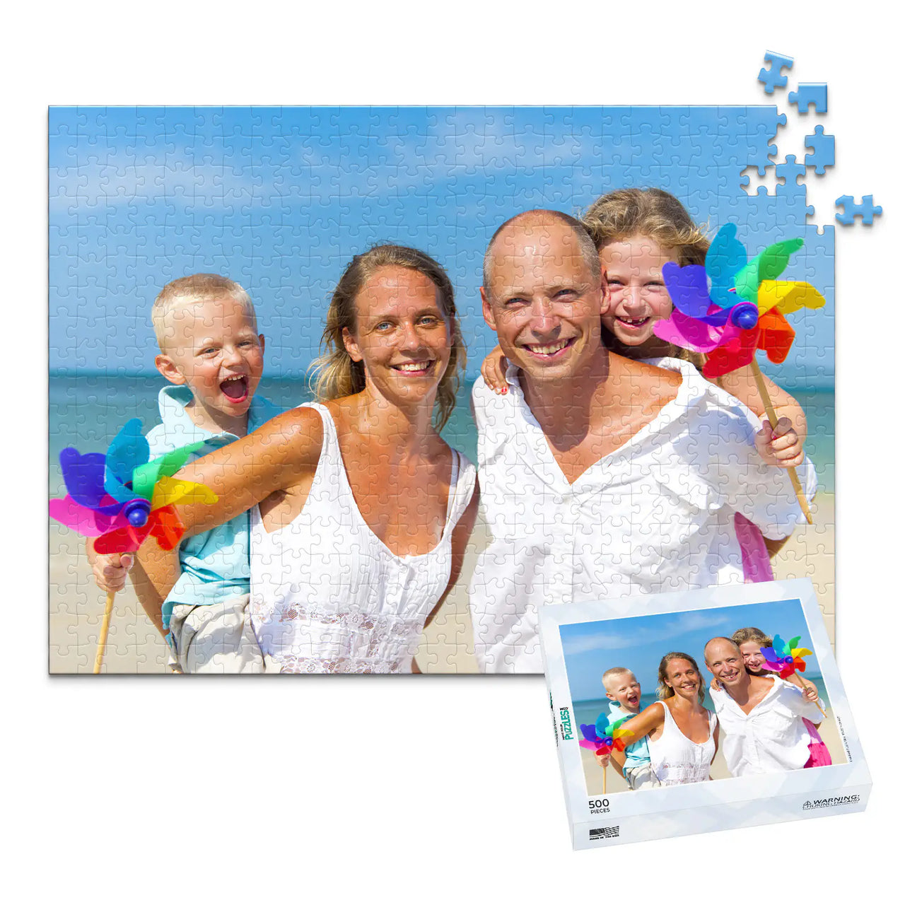 Custom Travel Photo Puzzle 500 piece with matching puzzle box showing a family with two young kids on a beach with blue sky