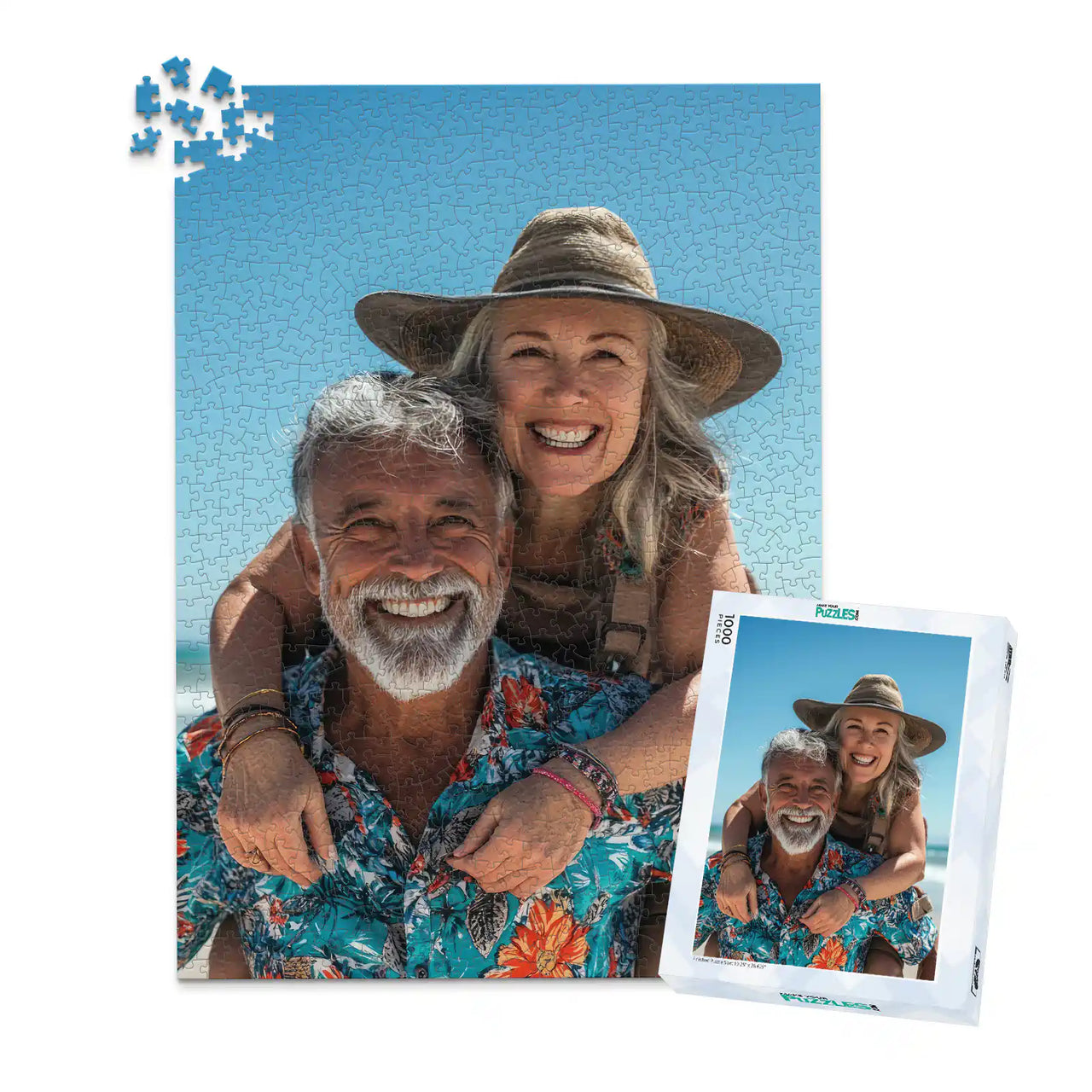 Custom Travel Photo Puzzle 1000 piece and puzzle box featuring a smiling couple on a beach