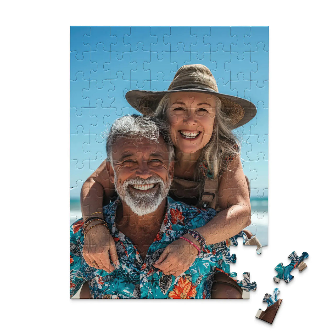 Custom Travel Photo Puzzle 100 piece featuring a smiling couple on a beach