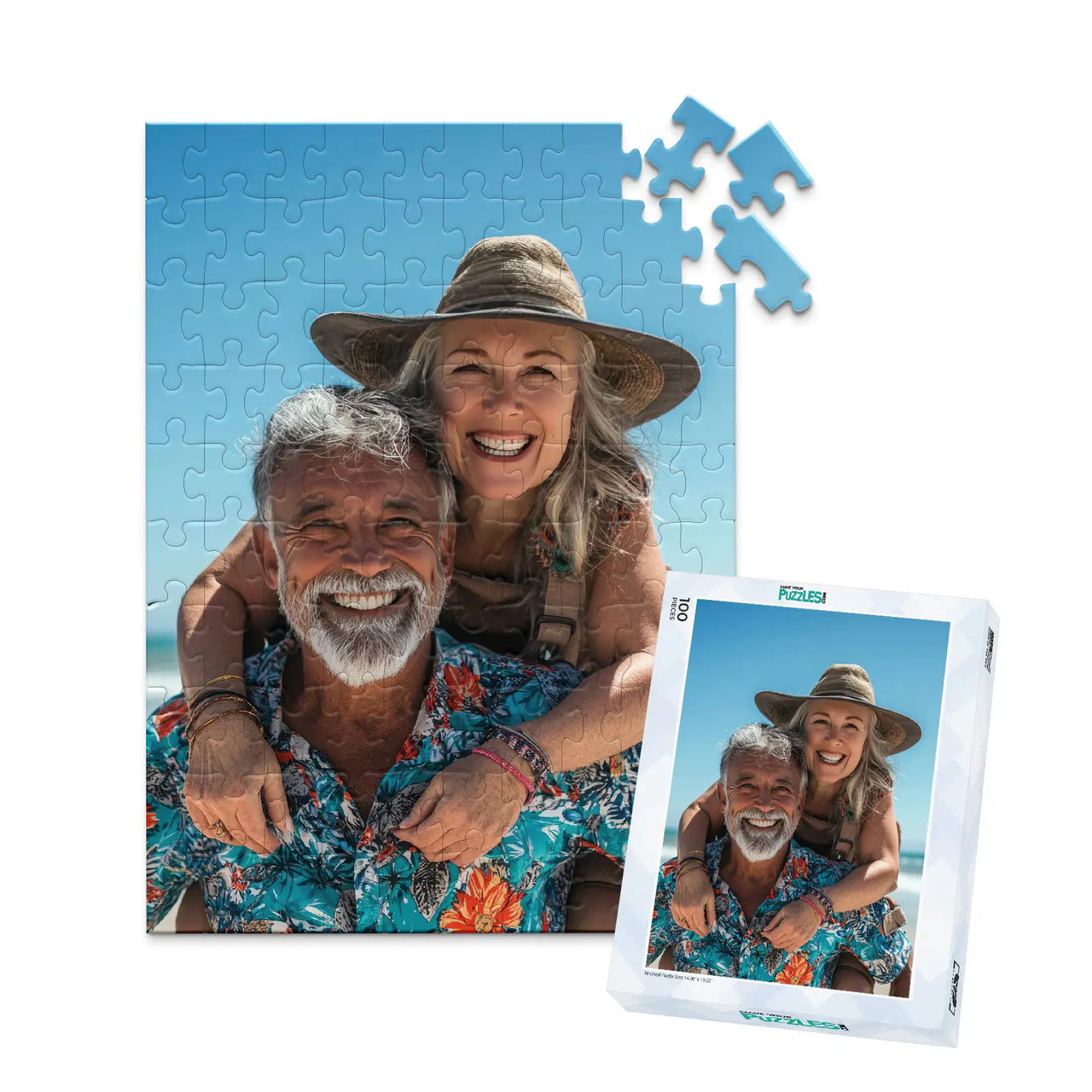 Custom Travel Photo Puzzle 100 piece with matching puzzle box featuring a smiling couple on a beach