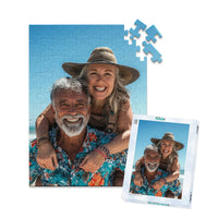 Custom Travel Photo Puzzle 100 piece with matching puzzle box featuring a smiling couple on a beach