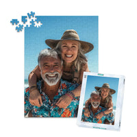 Custom Travel Photo Puzzle 252 piece and matching puzzle box featuring a smiling couple on a beach