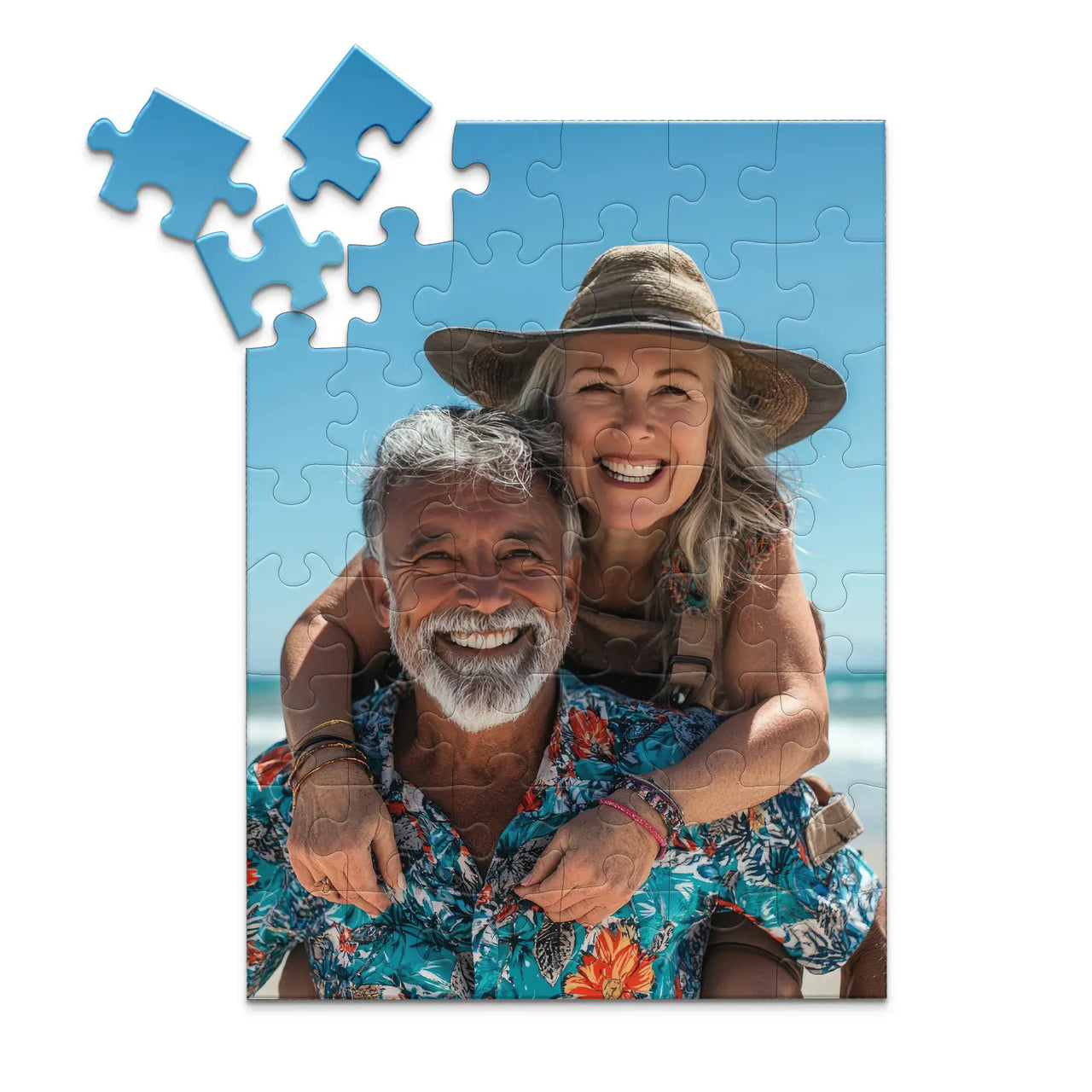 Custom Travel Photo Puzzle 48 piece featuring a smiling couple on a beach