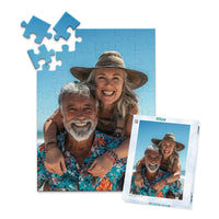 Custom Travel Photo Puzzle 48 piece with matching puzzle box featuring a smiling couple on a beach