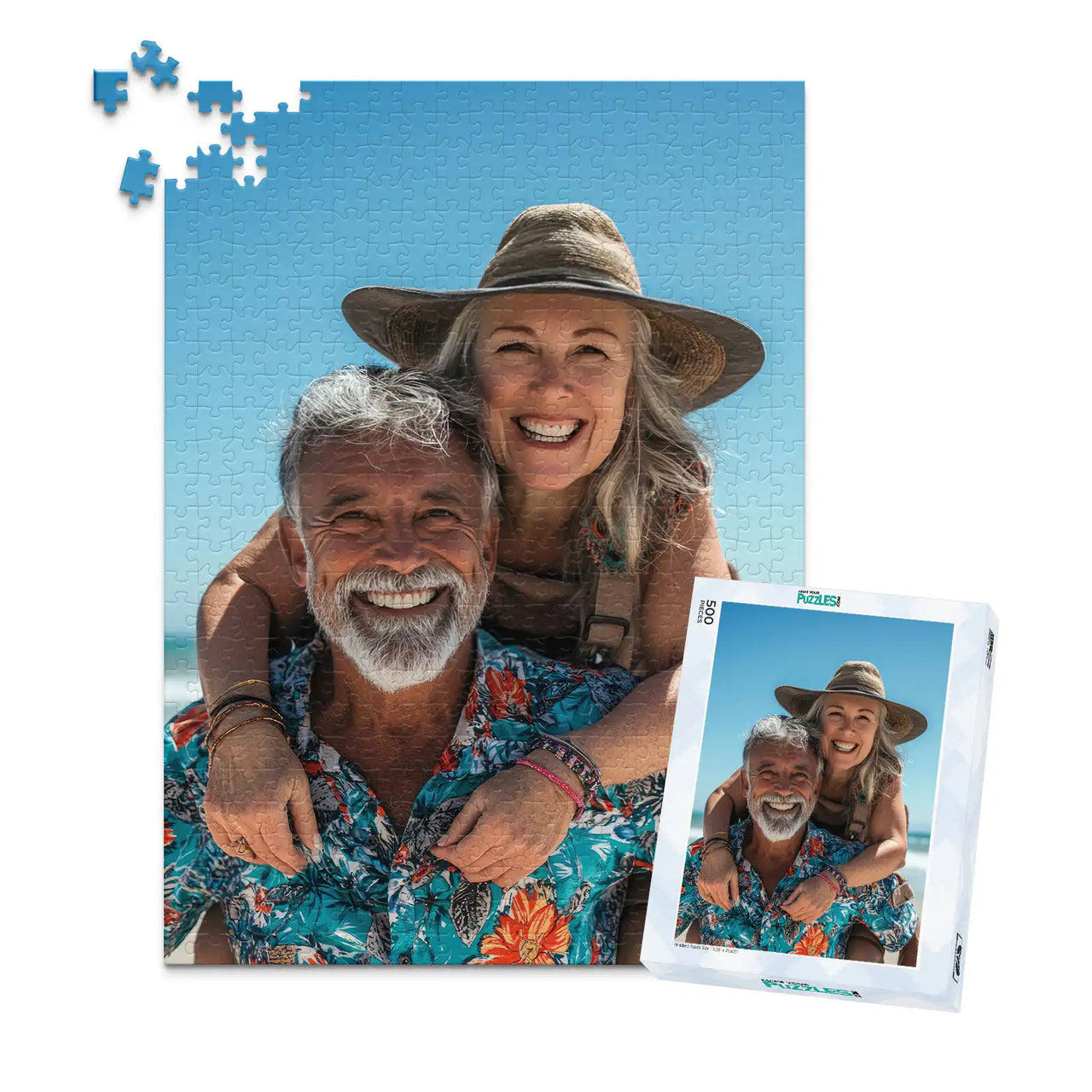 Custom Travel Photo Puzzle 500 piece with puzzle box featuring a smiling couple on a beach