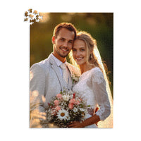 Custom Wedding Photo Puzzle 1000 Pieces showing a smiling bride and groom holding a bouquet.