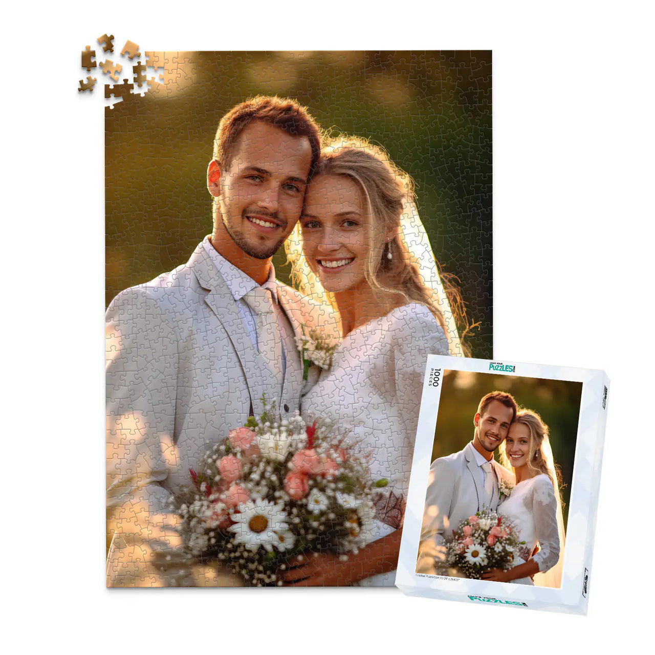Custom Wedding Photo Puzzle 1000 Pieces with matching puzzle box showing a smiling bride and groom