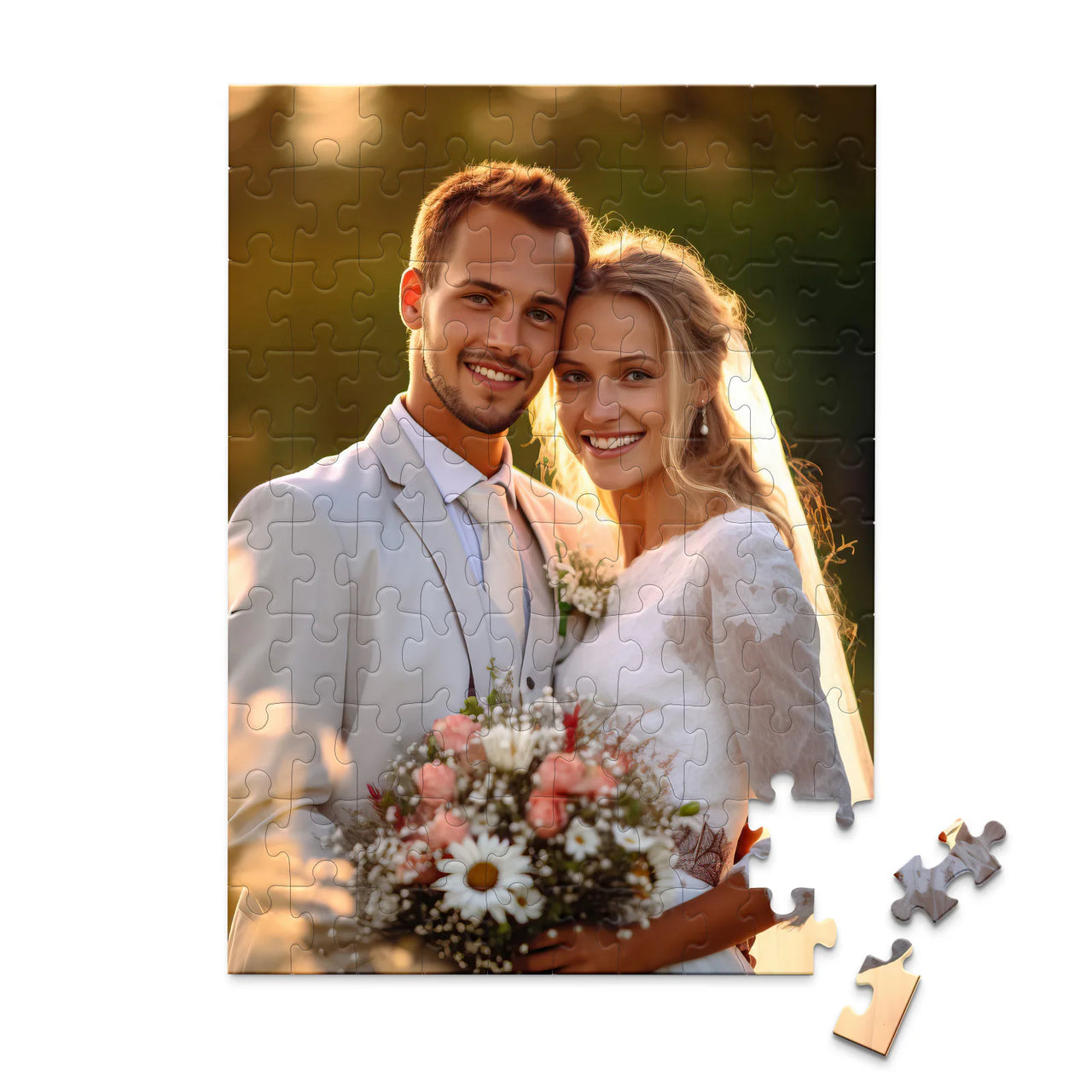 Custom Wedding Photo Puzzle 100 Pieces showing a smiling bride and groom holding a bouquet.