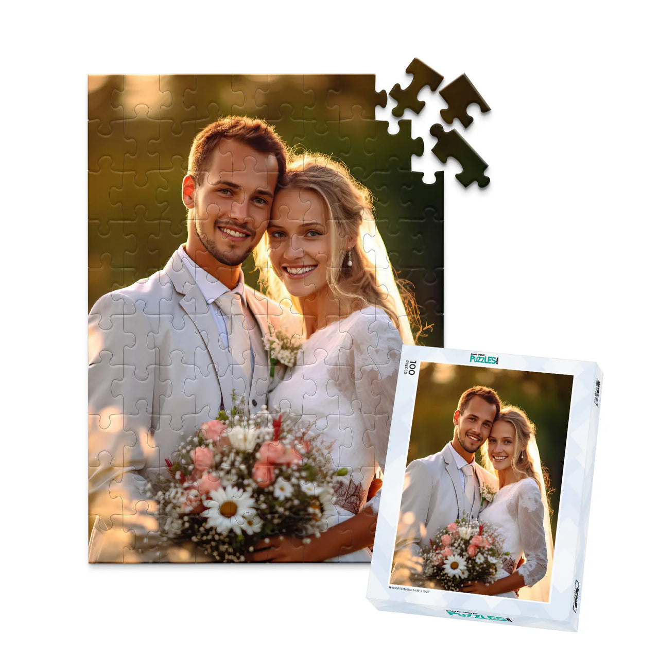 Custom Wedding Photo Puzzle 100 Pieces with puzzle box showing a smiling bride and groom holding a bouquet.