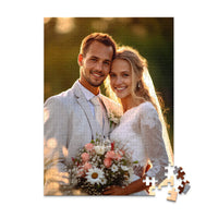 Custom Wedding Photo Puzzle 252 Pieces showing a smiling bride and groom holding a bouquet.