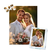 Custom Wedding Photo Puzzle 252 Pieces and matching puzzle box showing a smiling bride and groom holding a bouquet.