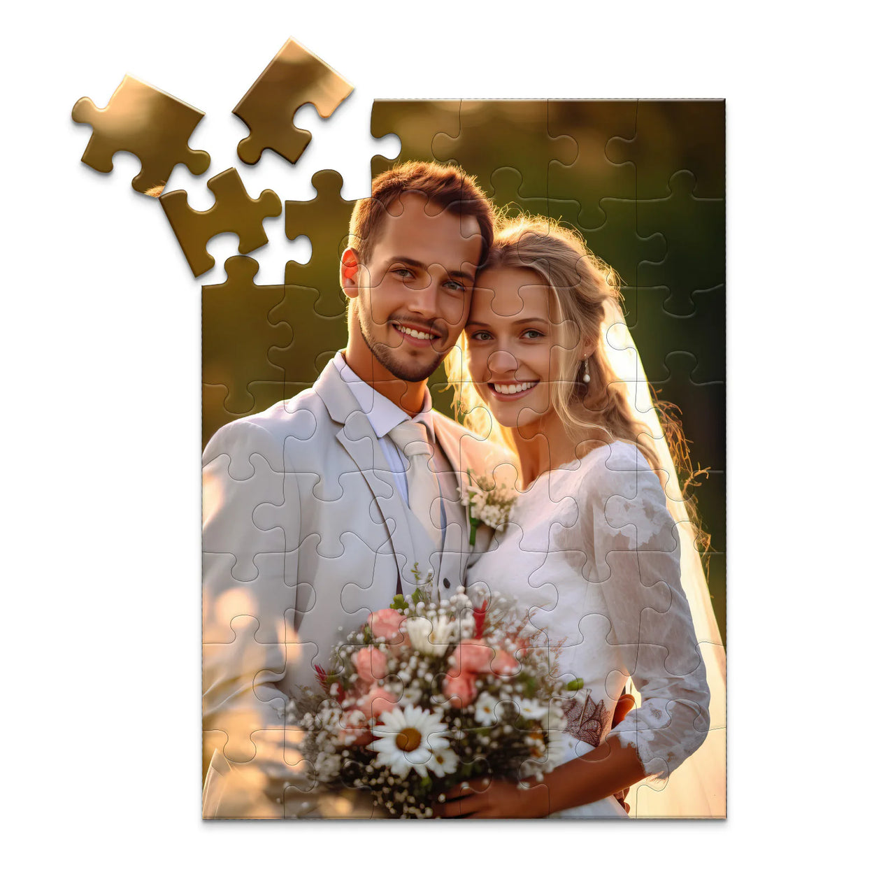 Custom Wedding Photo Puzzle 48 Pieces showing a smiling bride and groom holding a bouquet.