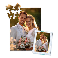 Custom Wedding Photo Puzzle 48 Pieces and matching puzzle box showing a smiling bride and groom holding a bouquet.