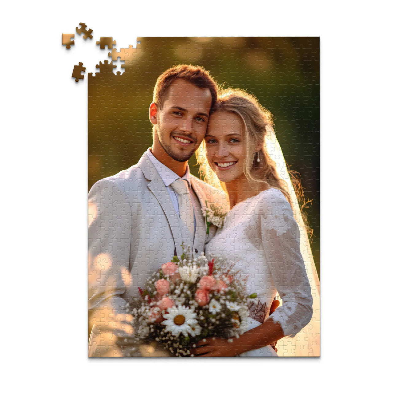 Custom Wedding Photo Puzzle 500 Pieces showing a smiling bride and groom holding a bouquet.
