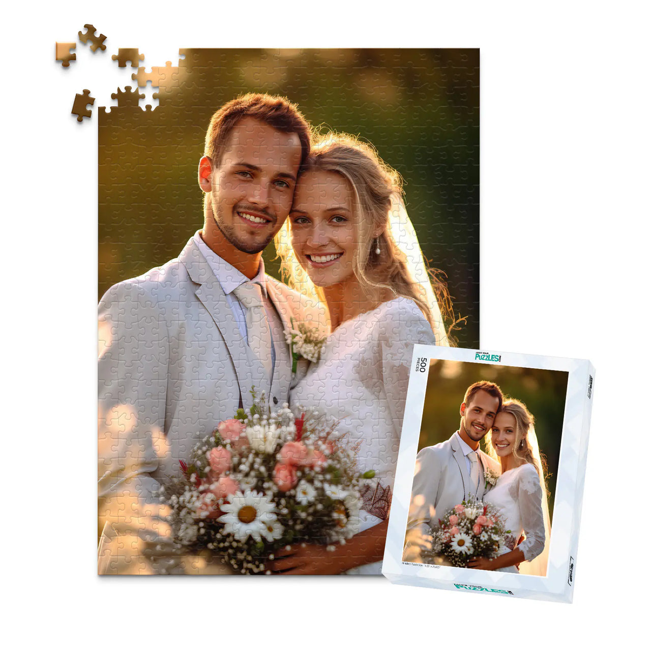 Custom Wedding Photo Puzzle 500 Pieces and matching puzzle box showing a smiling bride and groom