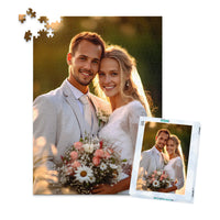 Custom Wedding Photo Puzzle 500 Pieces and matching puzzle box showing a smiling bride and groom