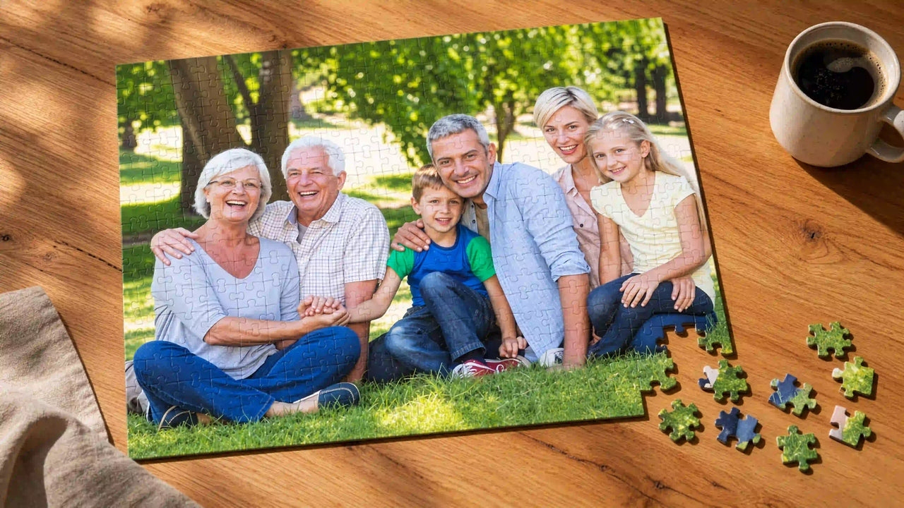 Completed custom photo puzzle on a wooden table