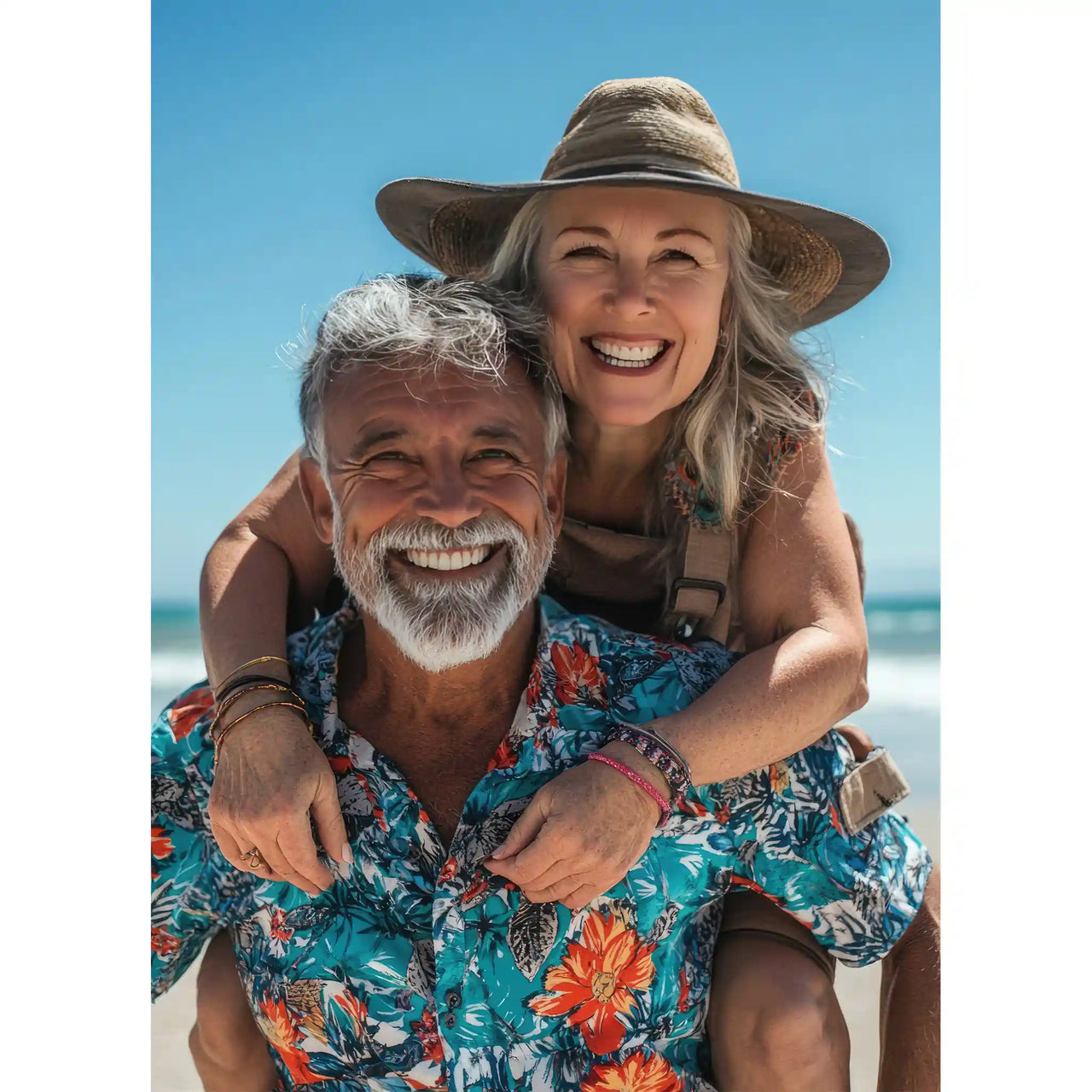 Custom Travel Photo Puzzle Portrait orientation of a smiling older man with a gray beard wearing a colorful blue tropical floral button-down shirt, carrying a woman on his shoulders. She is wearing a wide-brimmed brown hat and has her arms around his neck.