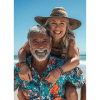 Custom Travel Photo Puzzle Portrait orientation of a smiling older man with a gray beard wearing a colorful blue tropical floral button-down shirt, carrying a woman on his shoulders. She is wearing a wide-brimmed brown hat and has her arms around his neck.